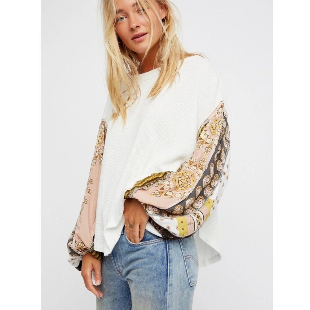 Free People Ivory Knit Top with Pink & Gold Paisley Balloon Sleeves